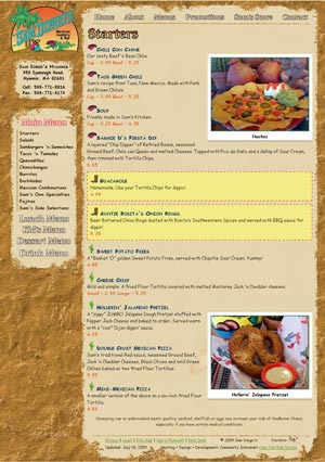 Sam Diego's Mexican Cookery menu page