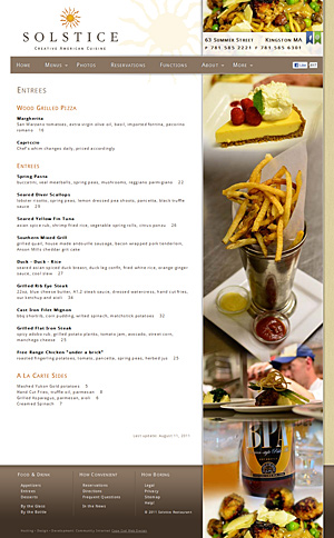 Solstice Entree Menu page