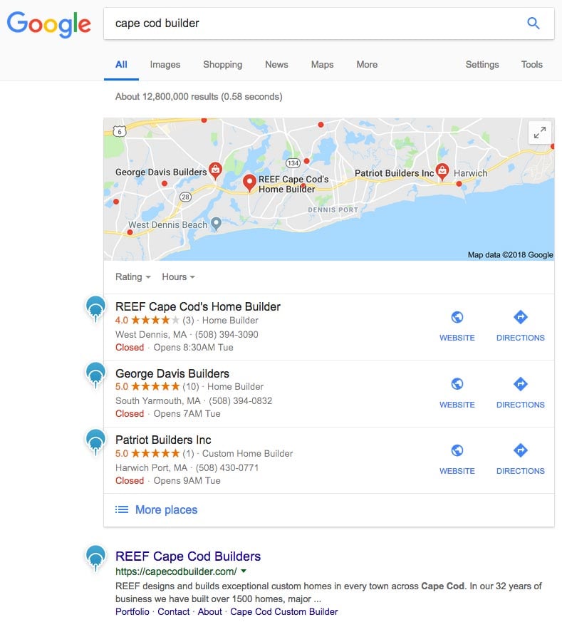 3 Community Web Development clients show up on the front page of Google for Cape Cod Builder keyphrase